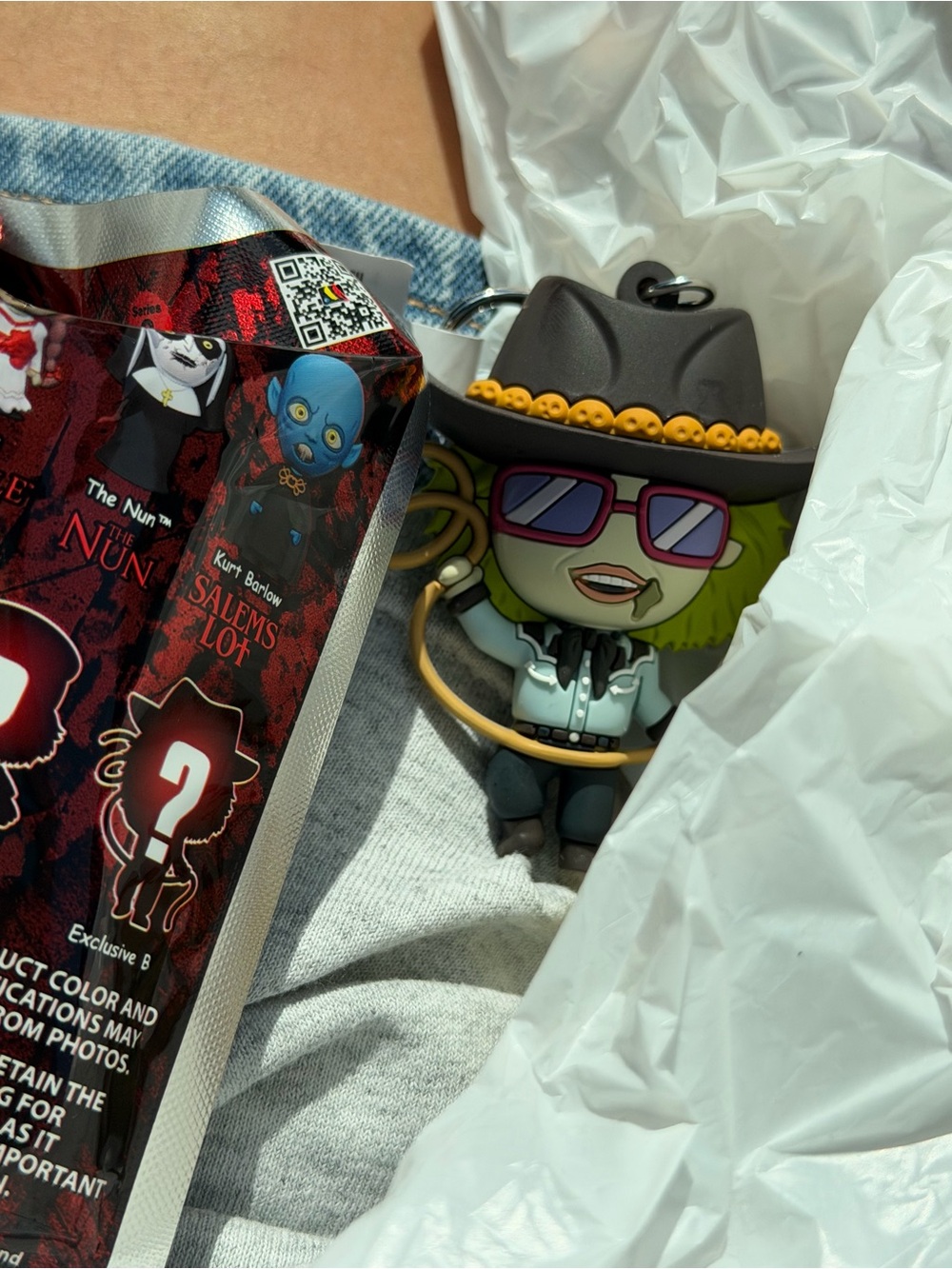 Rare Cowboy Beetlejuice figural bag clip keychain from a horror-themed blind bag